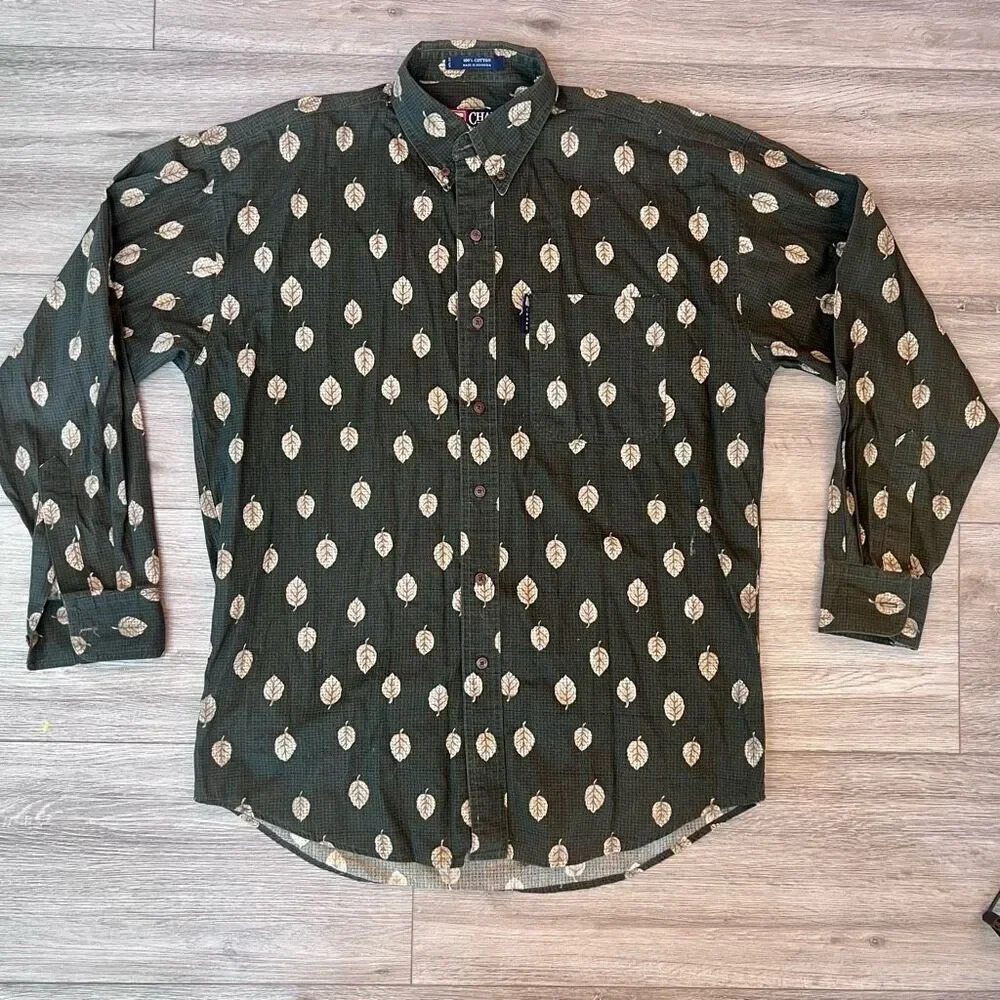 Chaps Ralph Lauren Green Leaf Print Long Sleeve Button Down Shirt‎ Medium